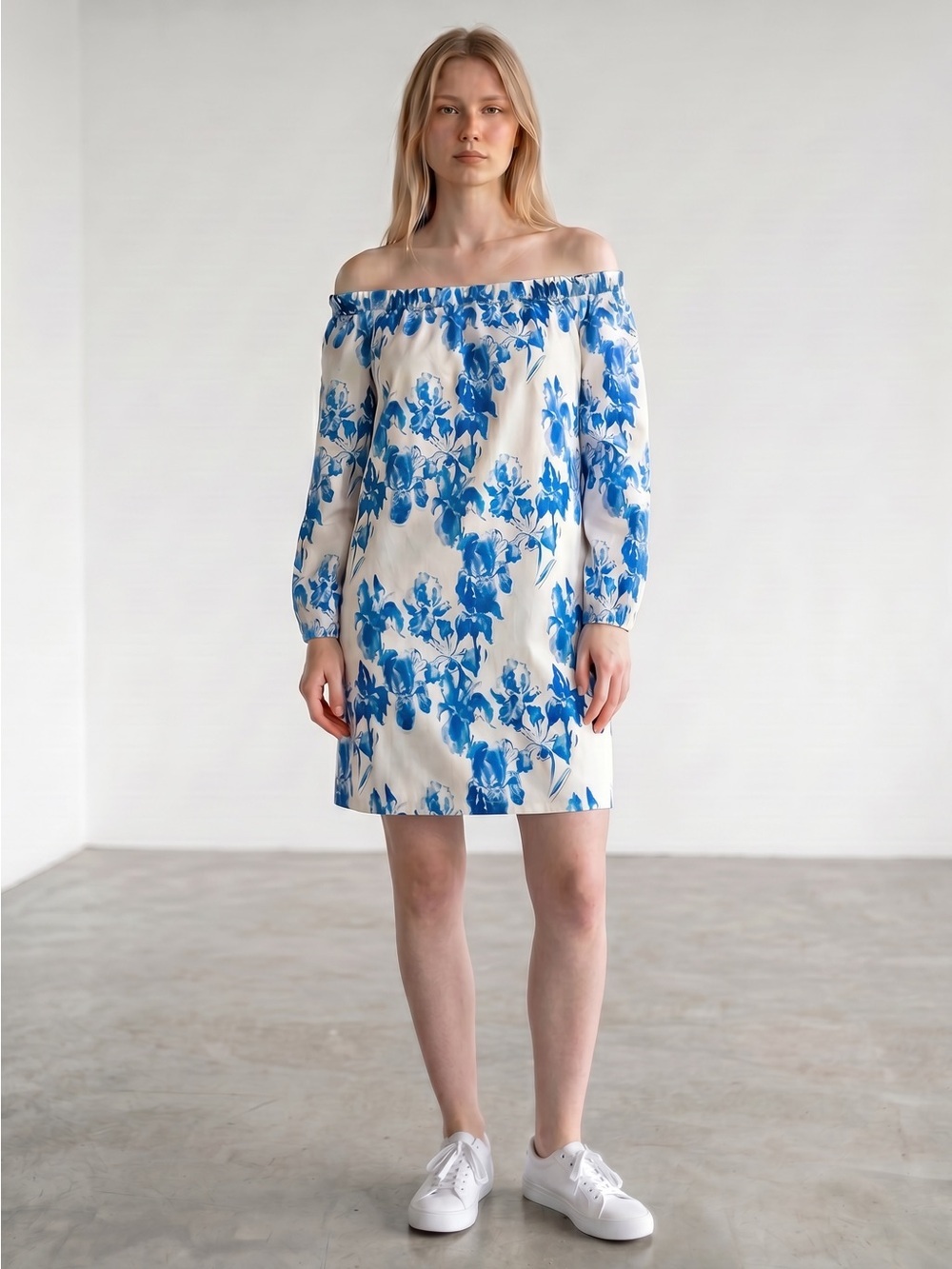 Vintage Neiman Marcus Off-Shoulder White and Blue Floral Mini Dress Size M